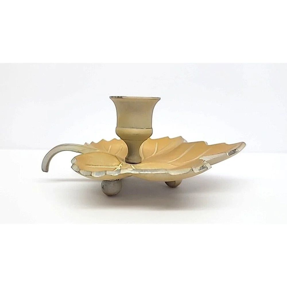 Tan Painted Brass Maple Leaf Single Candlestick Holder 5.5